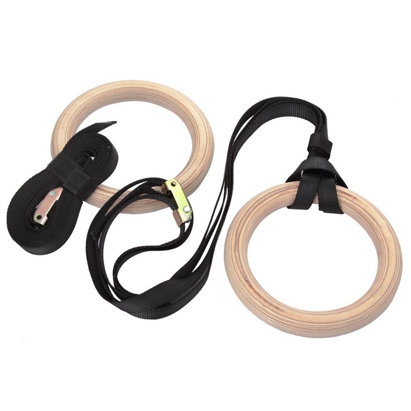 Gymnastic Rings Wooden - แหวนยิมนาสติกฟิตเนสพร้อมหัวเข็มขัดยาวปรับได้, ออกกําลังกายแบบไม้, Crossfit, Pull-Up, Muscle Ups