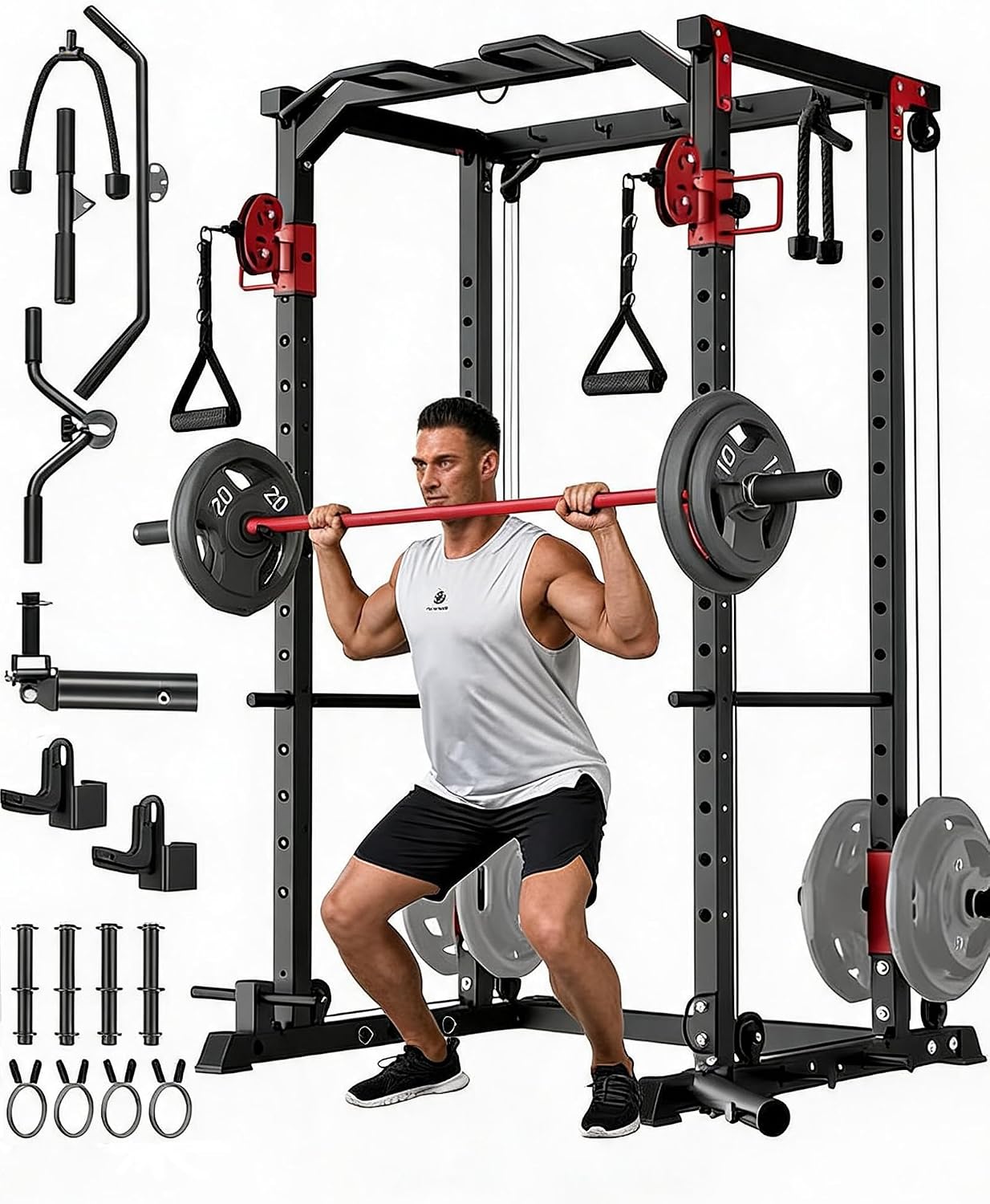 Home Gym Rack With Cables - แร็คออกกำลังกายอเนกประสงค์สำหรับยิมที่บ้าน – ระบบสายเคเบิลแบบคู่, โครงสควอทรองรับน้ำหนักได้ 1200 ปอนด์