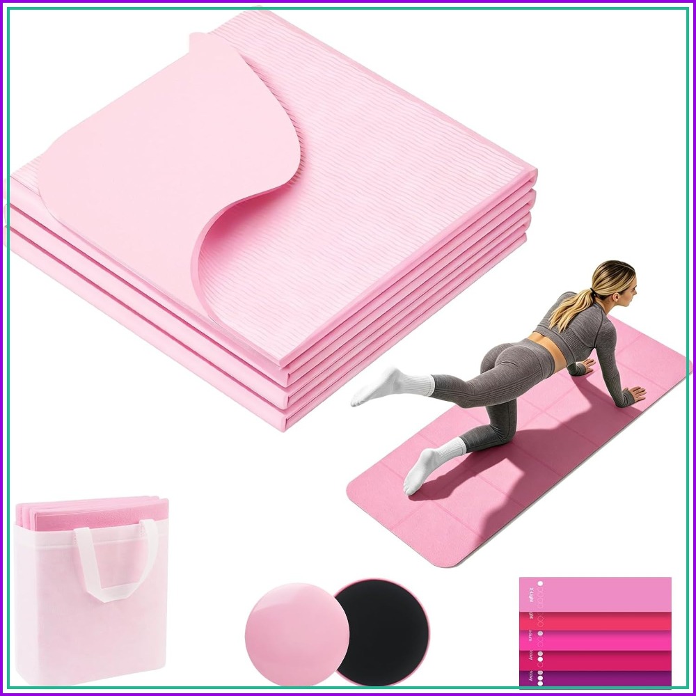 Home Gym Yoga Mat - เสื่อโยคะแบบพับได้พร้อมแถบต้านทานและแผ่นเลื่อน, หนา 0.24 นิ้ว ทำจาก TPE,