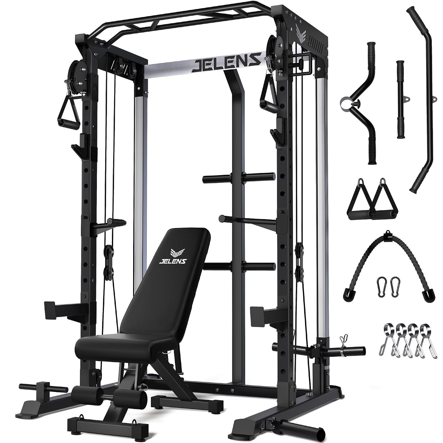 Home Gym Rack With Cables - โครงออกกำลังกายอเนกประสงค์ 2000 ปอนด์ พร้อมระบบรางเลื่อนคู่, แร็คสควอทแบบครบวงจรสำหรับเครื่องเคเบิลครอสโอเวอร์ในยิมที่บ้าน, ปรับแต่งได้